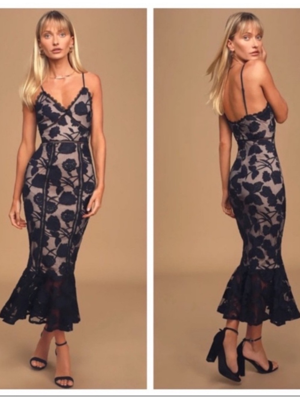 Lulus Alluring Dream Navy Blue Floral Mesh Lace Trumpet Midi Slip Dress size XS